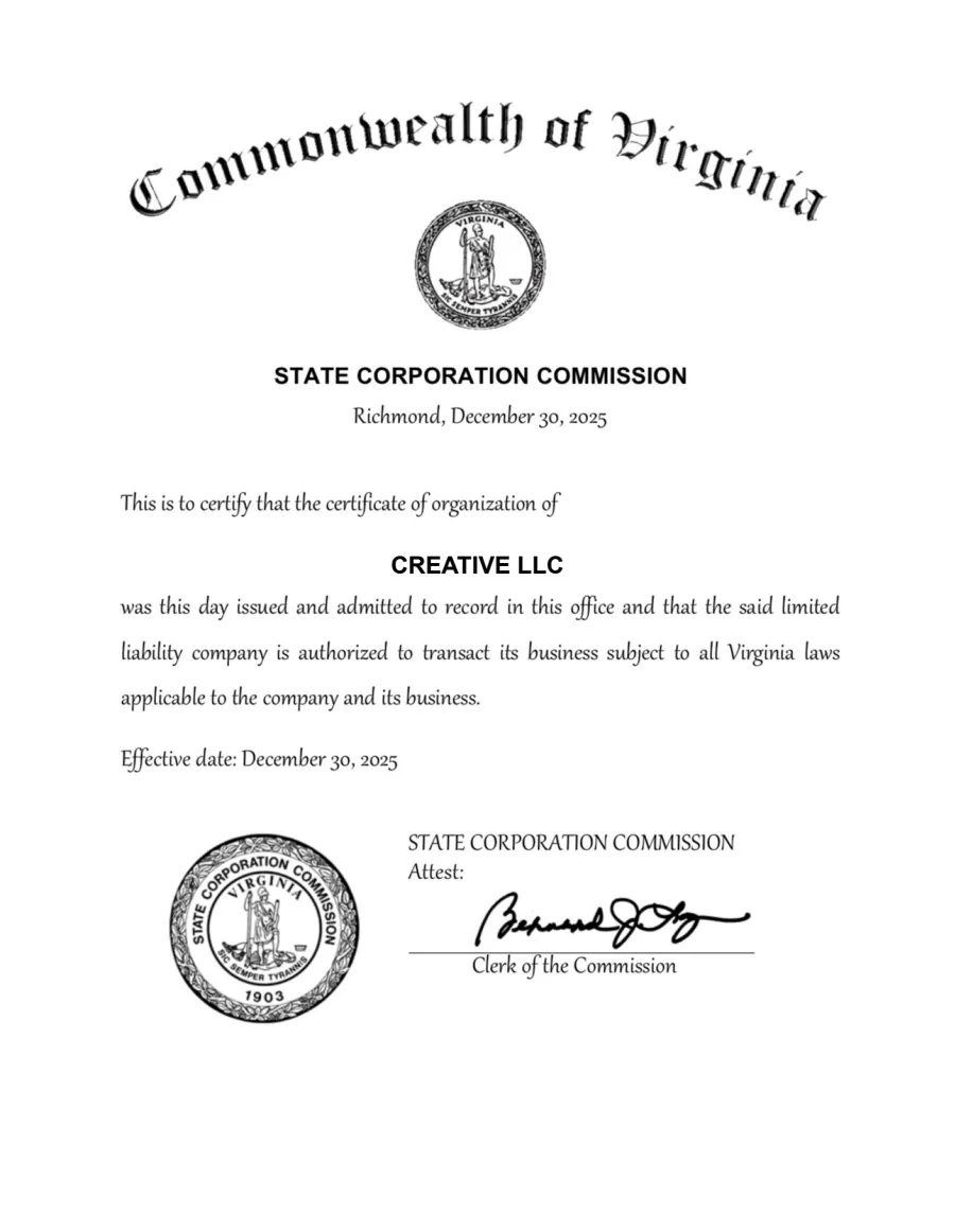 Virginia State Corporation Commission Creative LLC kuruluş belgesi önizlemesi